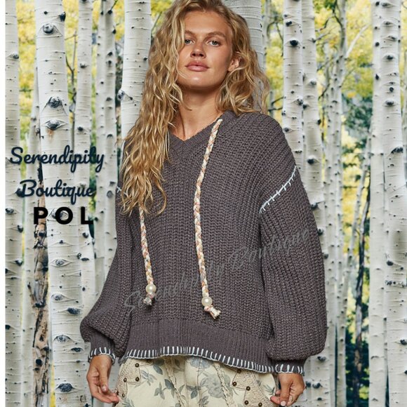 POL Boho Grunge Oversized Slouch Chunky Cable Knit Balloon Sleeve Hoodie Sweater - Picture 4 of 12